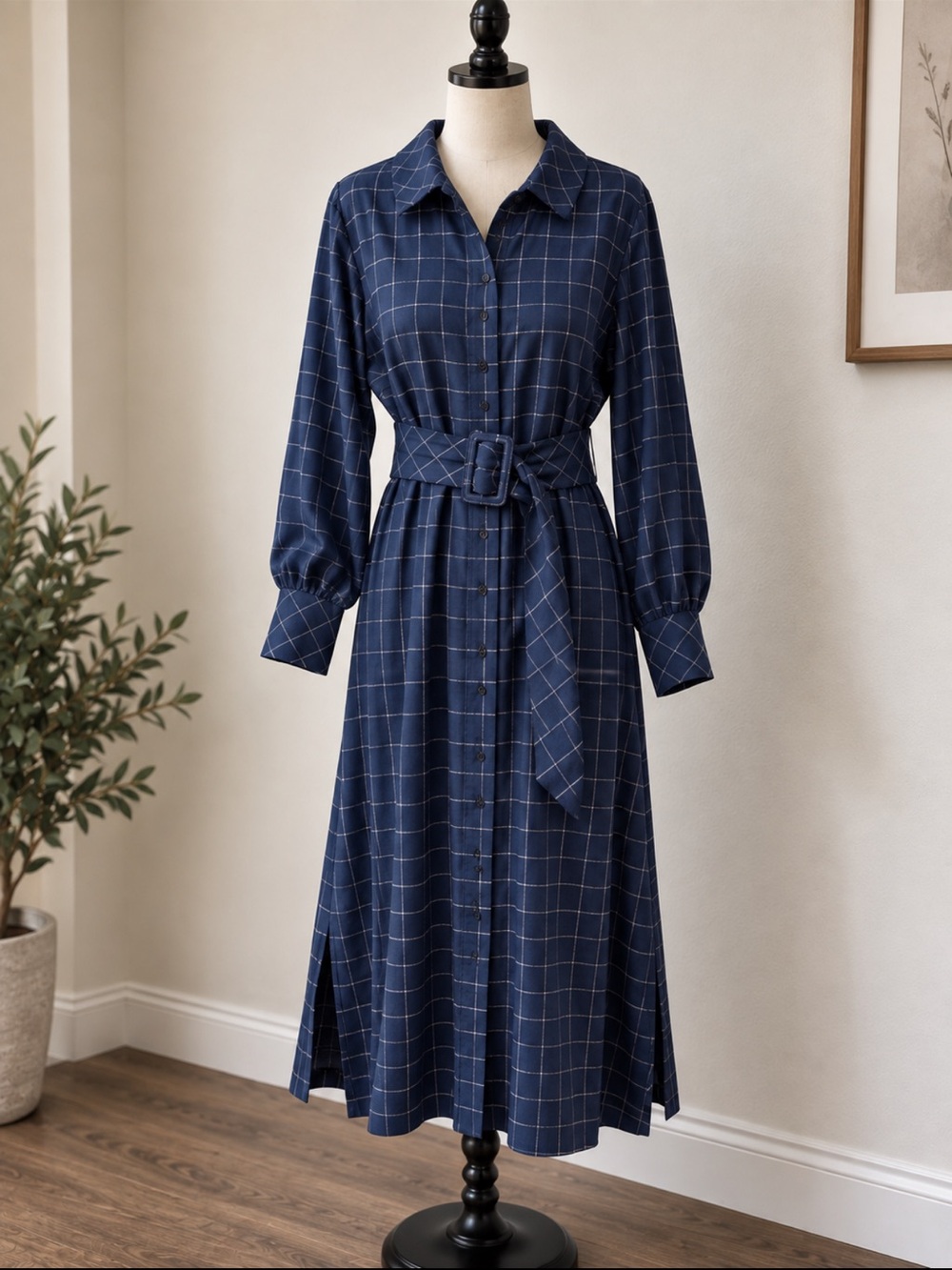 Calvin Klein Navy Windowpane Belted Shirt Dress
